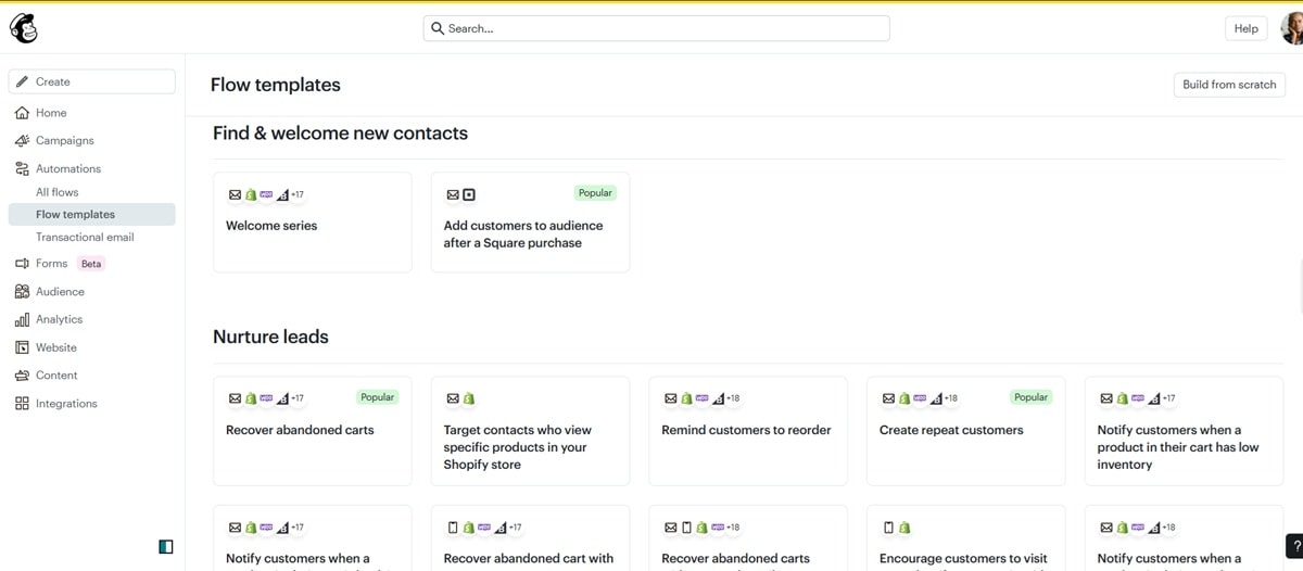 Mailchimp drag-and-drop automation builder interface showing workflow creation tools and pre-made ecommerce email templates for welcome series and cart recovery campaigns